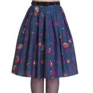 Hell Bunny Midnight Blue Pleated Owl, Bird and Flower Printed Skirt